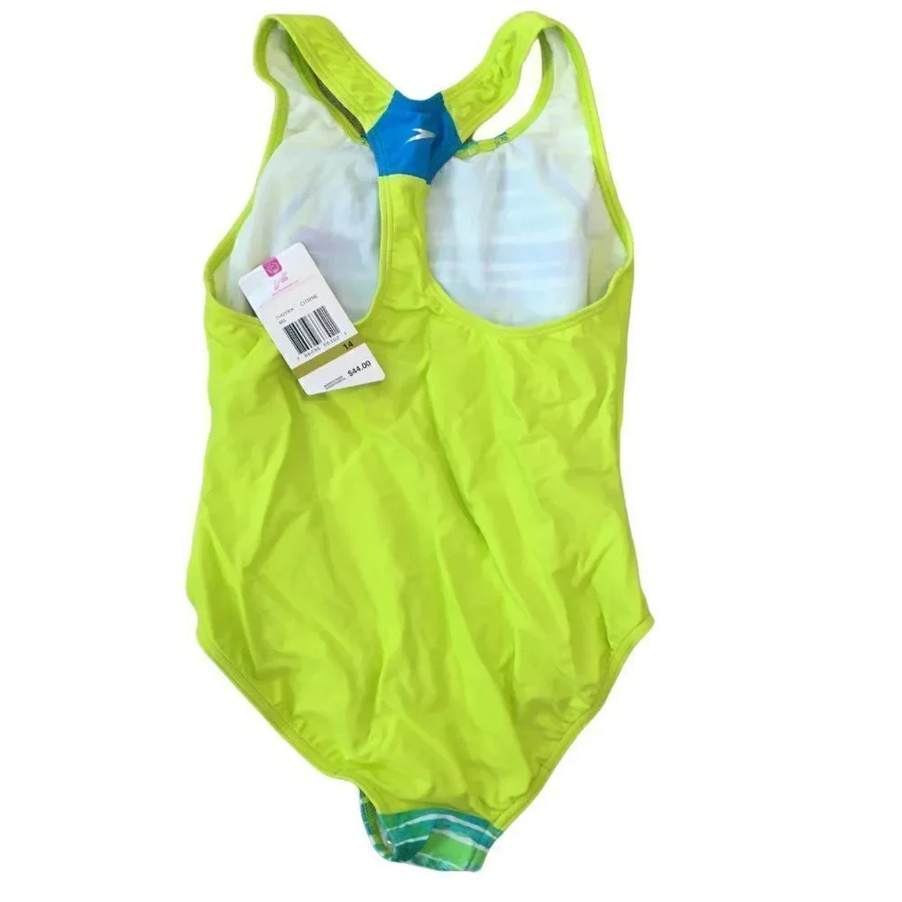 Speedo girls in bright yellow with green and blue stripes